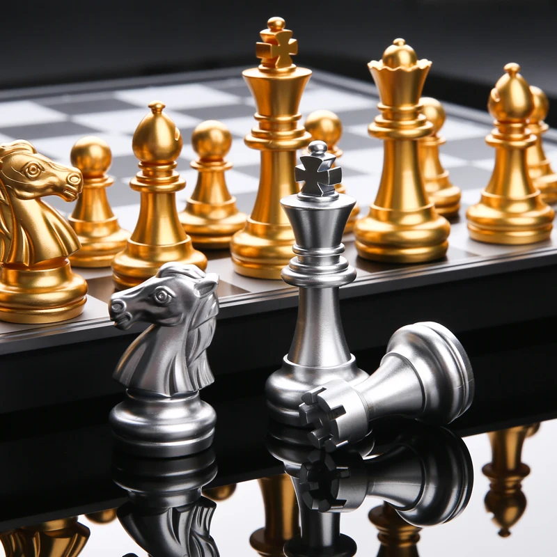 Medieval Folding Classic Chess Set Chessboard 32 Pieces Gold Silver Magnetic Chess Portable Travel Games Adults Kid Toy board game,magnetic chess set,foldable chess board,table games,folding chess board,chess pieces and board,chess pieces