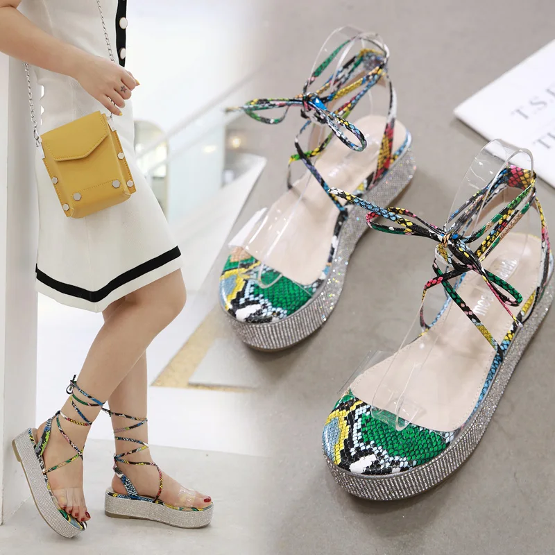 

2019 Summer Rhinestone Sandals Black Shoes For Women Women's Heels Cross Cross-shoes Clogs Wedge Espadrilles Platform Ladies