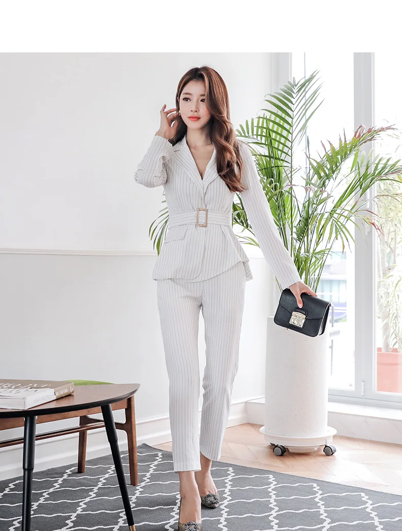Autumn OL Office Work 2 Piece Set Women Long Sleeve Black Stripe Suit and Slim Long Pants with Sashes 2 Piece Set Plus Size