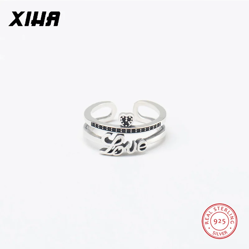 

XIHA real pure 925 sterling silver rings for women LOVE heart design engagement party wedding bands rings adjustable with zircon