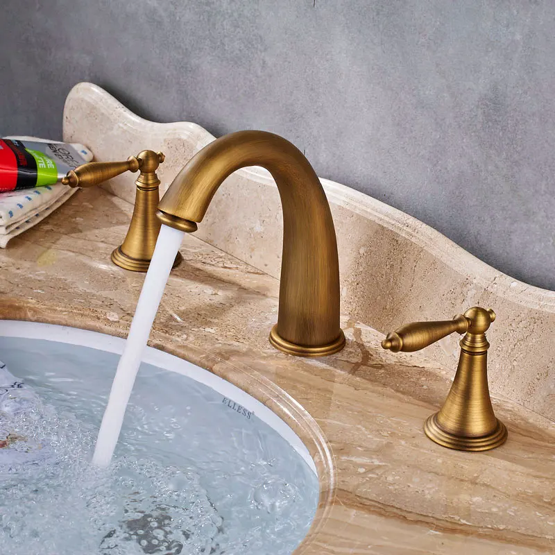 Antique Brass 3pcs Basin Faucet Widespread Bathroom Faucet Double Handles Tub Sink Mixer Tap KD1211 Antique Brass 3pcs Basin Faucet Widespread Bathroom Faucet Double Handles Tub Sink Mixer Tap KD1211