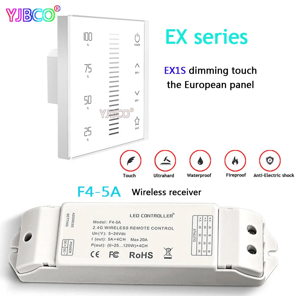 

LTECH 2.4G+DMX512 EX1S led Touch Panel Dimmer controller for single color led strip lamp AC100~240V Wireless receiver F4-5A