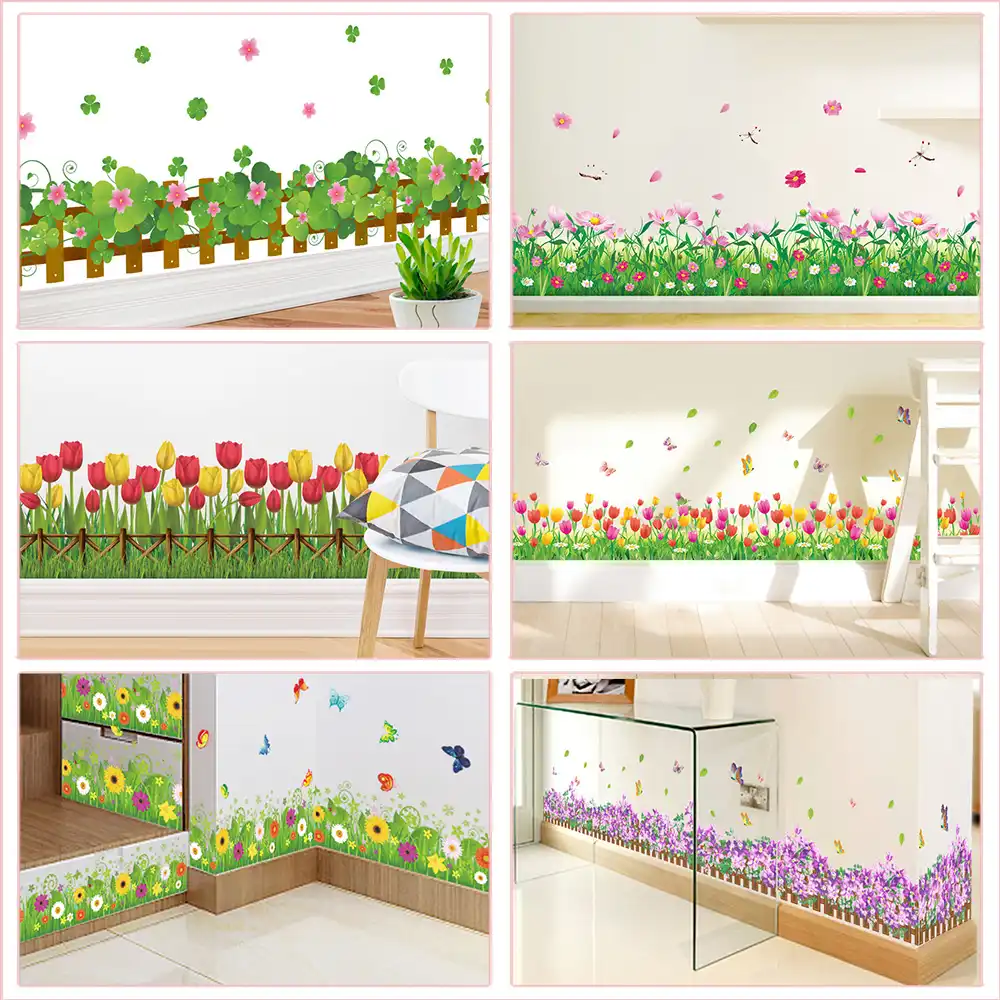 Pastoral Flowers Grass Fence With Butterfly Wall Stickers For Office Shop Bedroom Baseboard Home Decoration Pvc Decals Mural Art Wall Stickers Aliexpress