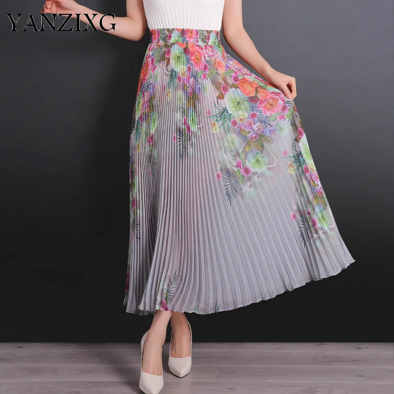 Летняя новая модная одежда, плиссированная шифоновая юбка с высокой талией и цветочным принтом, большая женская юбка с принтом, 6 цветов, E375