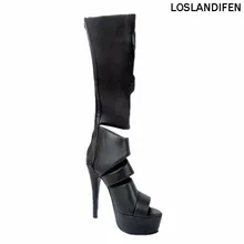 Женские туфли-гладиаторы на шпильке; сапоги до колена на платформе с открытым носком и перекрестными полосками на молнии; обувь для вечеринок; XD261