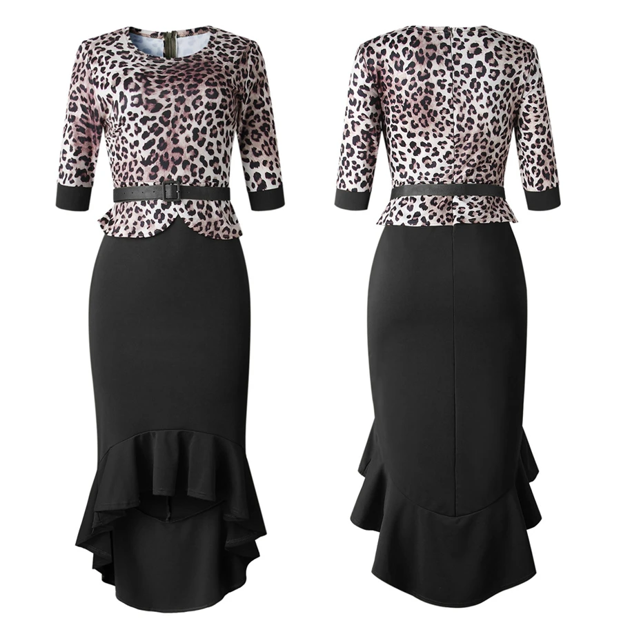 BAIBAZIN New African Woman Dress Leopard Stitching Fishtail Dress With Belt Two-piece Suit