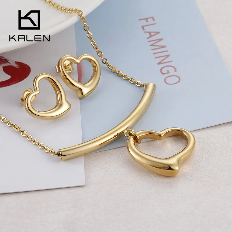 

KALEN Bohemia Gold Color Stainless Steel For Women Hollow Heart Earrings Necklaces Sets Women Wedding Jewelry Sweetheart Gifts