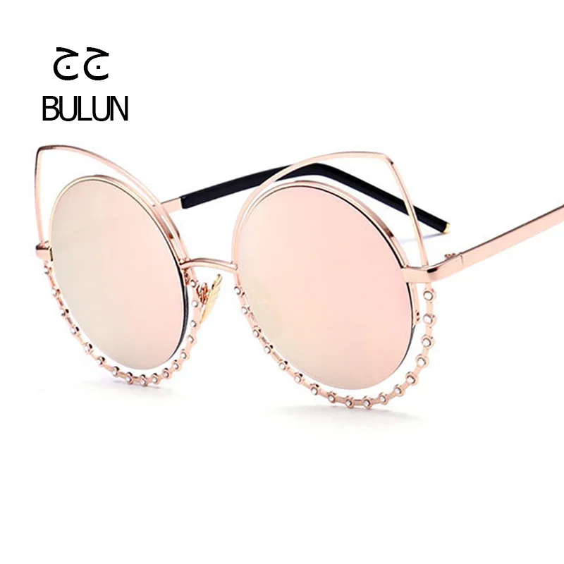 BULUN Fashion Cat Eye Sunglasses Hollow Metal Frame with Diamond Round Lens Colorful Sun Glasses Vintage