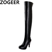 Большие размеры 46, г. Демисезонные женские ботфорты пикантные Сапоги выше колена из мягкой искусственной кожи на высоком каблуке пикантная женская обувь черного цвета