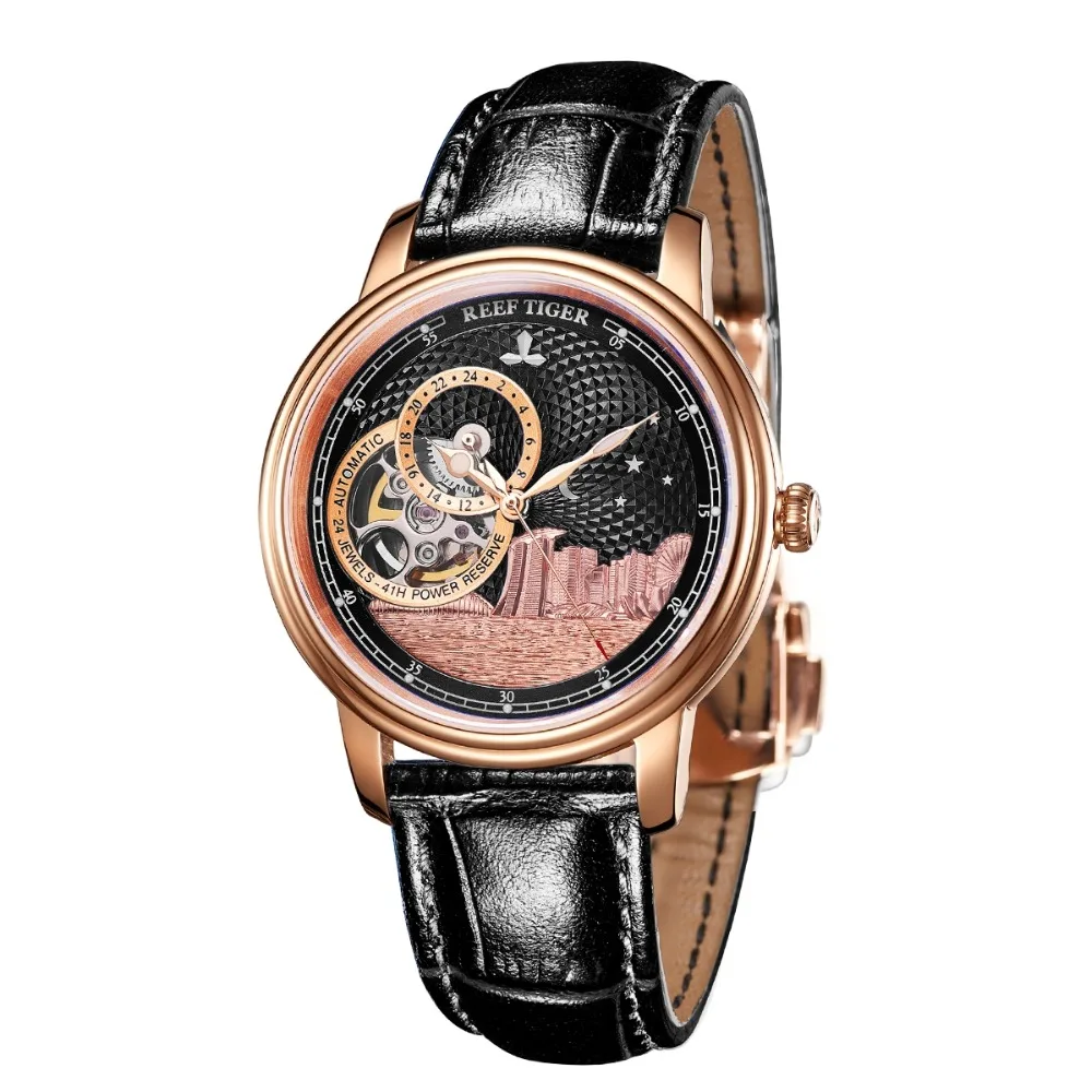 Reef Tiger RGA1739 модный кожаный ремешок мужские водонепроницаемые полые циферблат автоматические механические наручные часы-розовое золото