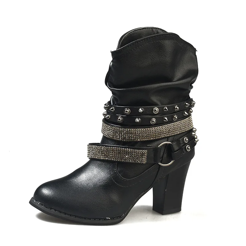 

2018 autumn and winter high-heeled new round head waterproof platform thick with rhinestone ladies boots black ljj 1116