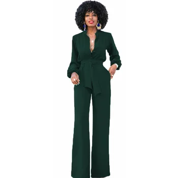 

Runway Designer 2020 Autumn Winter Women Sexy Long Jumpsuit Overall Office Ladies Wide Leg Tunic Jumpsuit Romper Wit Belt Pocket
