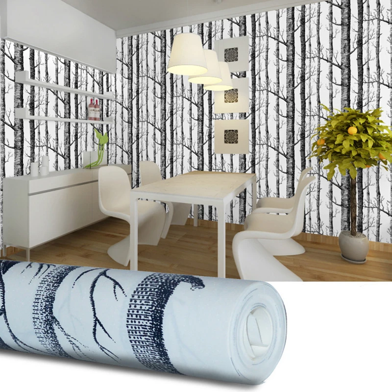 Черно-белая большая 3D настенная бумага из березы для спальни, современная настенная бумага для гостиной, рулон рулонной бумаги с деревенским лесом, деревянная настенная бумага s 53x1000 см