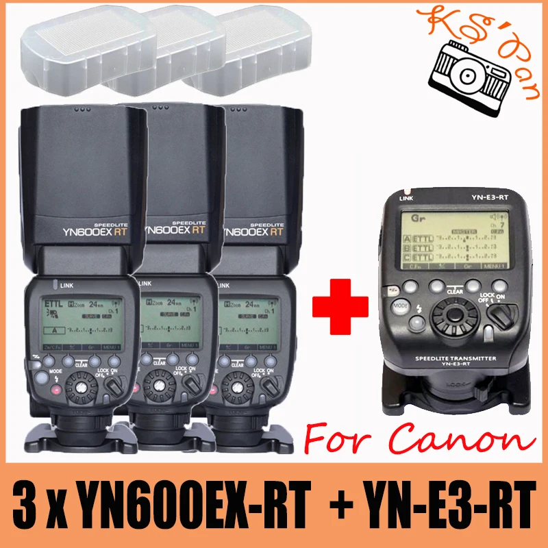 3pcs YONGNUO YN600EX-RT Flash Speedlite +YN-E3-RT Controller for Canon 5D3 5D2 7D Mark II 6D 70D 60D