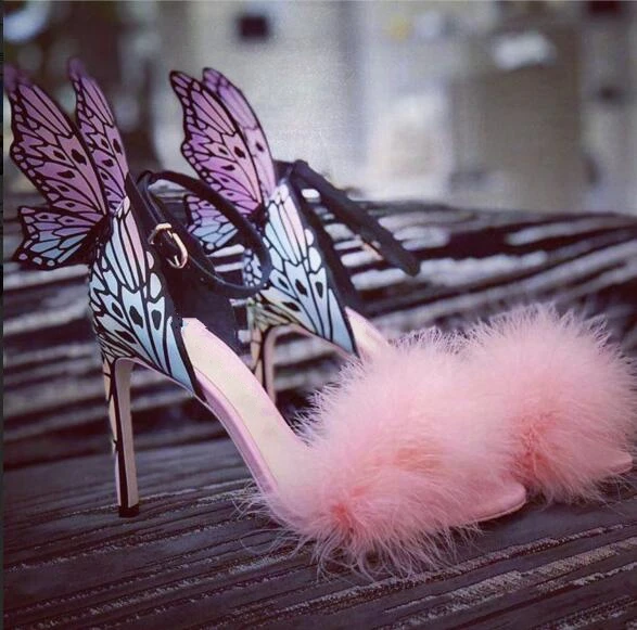 

Hot Women Sandals Butterfly Wing Decor High Heel Woman Shoes Stiletto Brand Runway Star Shoes Fur Decor Colorful Shoes Wedding