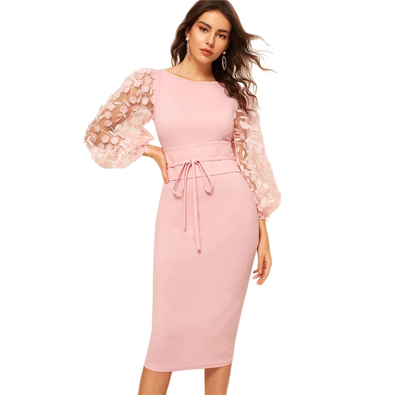Sheinside, аппликация, контрастная сетка, рукав, платье-карандаш, для женщин, весна, с поясом, розовые платья, для девушек, рукав-фонарик, стрейчевое платье