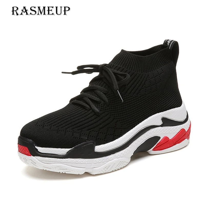 RASMEUP/дышащие женские кроссовки из сетчатого материала; коллекция года; модная женская трикотажная обувь на платформе с высоким берцем; Повседневная Женская теннисная обувь на шнуровке - Цвет: Black