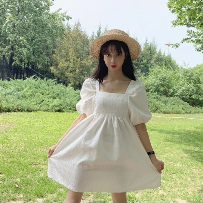 

Women's Clothing summer style fashion brand loose white a-line vintage puff sleeve square collar Korean Backless mini-dress hot