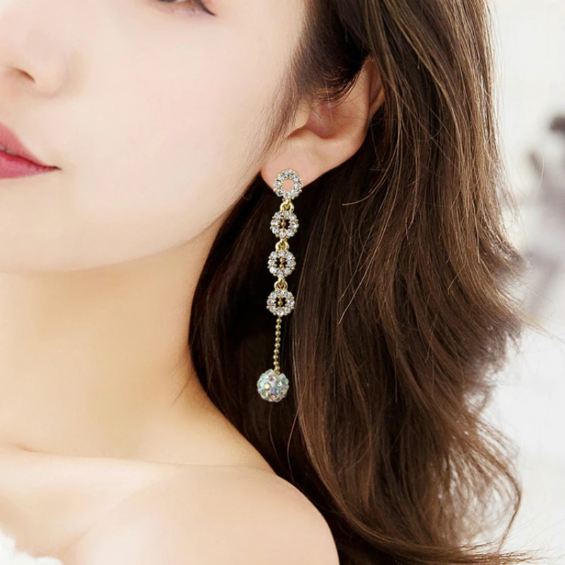 

Fashion Simple Wild Flash Imitation Drill Ball Tassel Earrings Super Fairy Long Paragraph Temperament Earrings For Women Jewelry