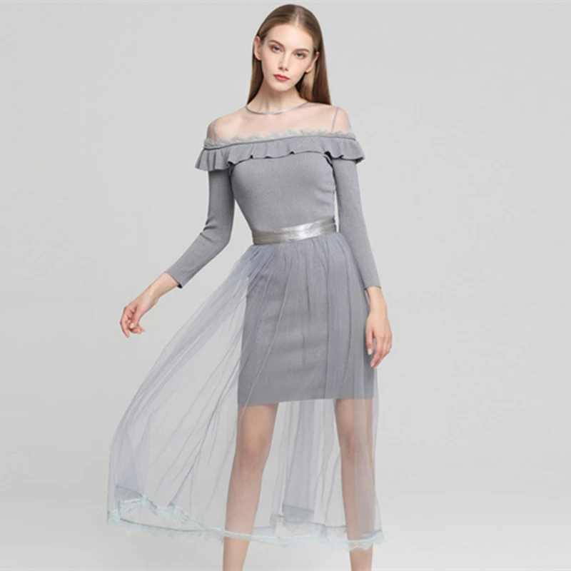 Tunjuefs Lolita Lurex Pak Vrouwen 2 Delige Set Runway 2019 Nieuwe Lente See-Through Rok Jurk Pak Ruches Knit set Slanke Elegante