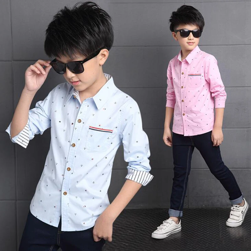 Розовая рубашка для мальчика хлопковая рубашка для детей модная рубашка с длинным рукавом и принтом для мальчиков весна года топы с воротничками для детей подросткового возраста