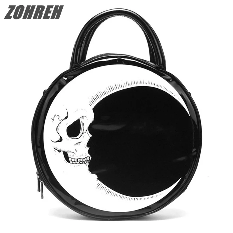 

2018 Women Lady Girl Punk Dark Skull Head Thunder Flash Printed Gothic Cross Body MOON Messenger Bag Round Handbag Harajuku Gift