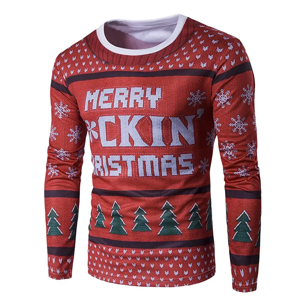 Merry Christmas Letter Xmas Tree Print Round Neck Long Sleeve Men T ...