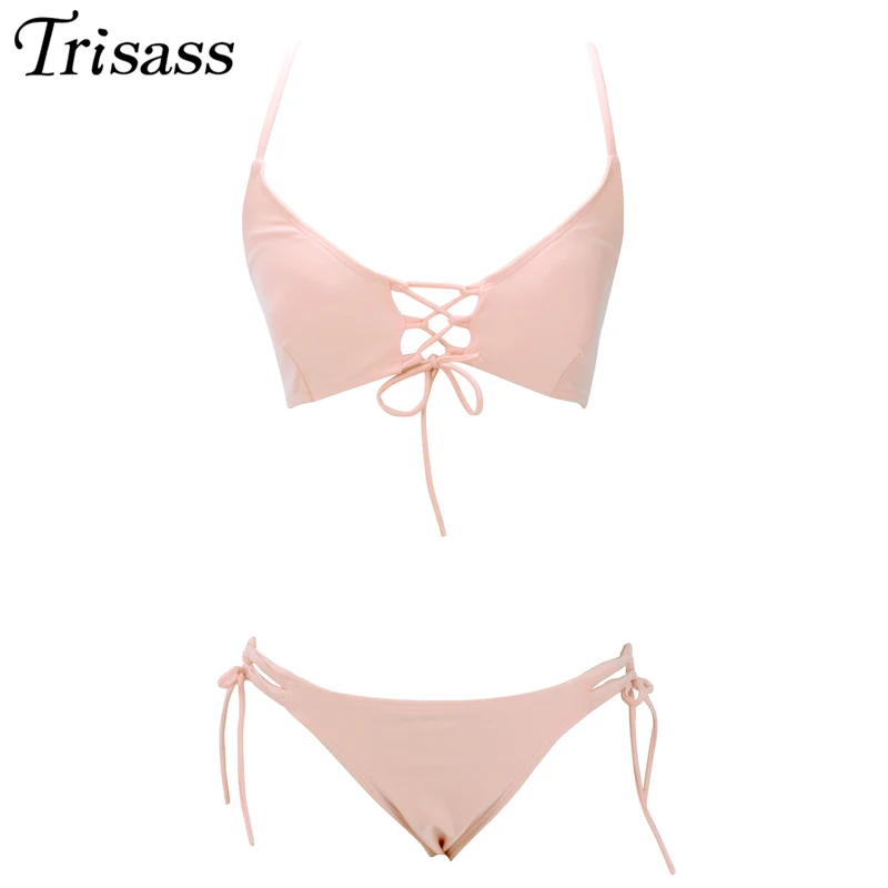 

2017 Two-piece Micro Bikini Set Carmine Pink Knot Bikinis Women Brazilian Beachwear Bandage Halter Top Bathing Suit Hot Springs