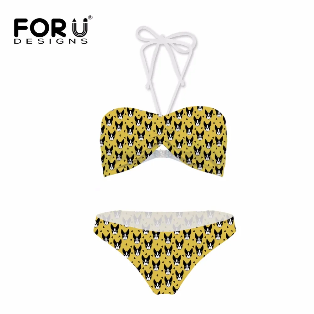 

FORUDESGINS Bikini Set Swimwear Women Kawaii Boston Terrier Printing Swimsuit Female Swimming Suit for Women Sexy Two-piece Suit