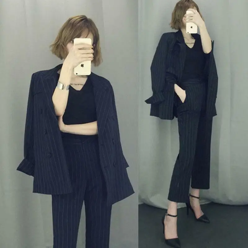 Korean Womens Stripe Black Blue Suits Casual Slim Lapel Coat Skinny Trouser Sz B9