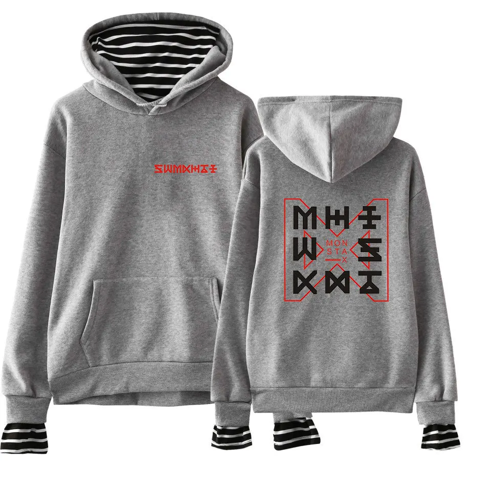  2018 MONSTA X Fake Two Pieces fleece Hoodie Kpop Pullovers Hoodies and Sweatshirts plus size Tops H