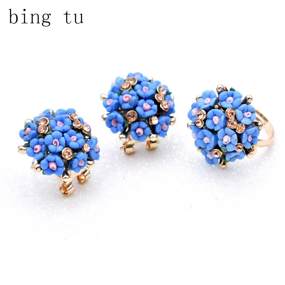 

Wedding Earrings Set Romantic Ceramic Flowers Rhinestone Jewellery Sets For Women Purple/Blue Floral Jewelry Adjustable Rings