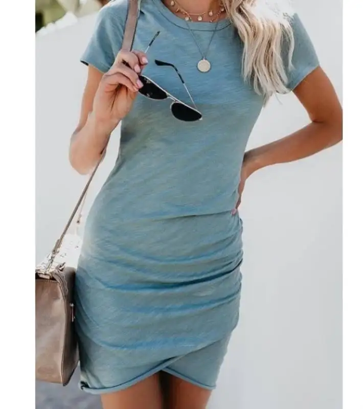 

Women Summer Round Neck Mid Sleeve Tights Stretch Bag Hip Irregular Mini Slim Solid Color Sexy Dress