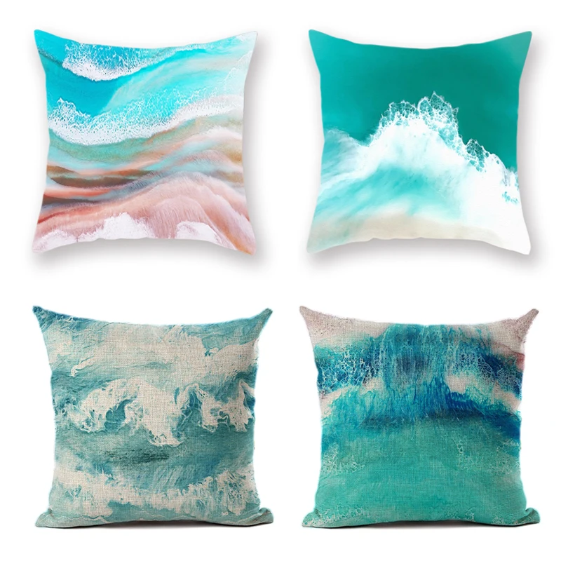 

Modern Minimalist Summer Beach Linen or Peach Skin Cushion Seaside Wave Pattern Print Pillowcase Home Bedroom Cushion Cover