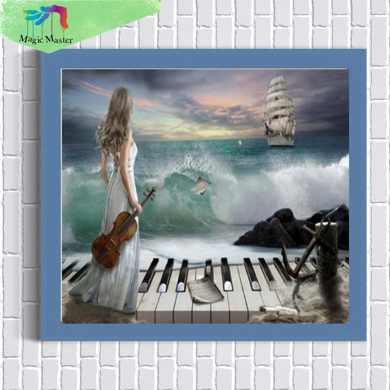 

5D DIY Diamond Painting Cross Stitch Violin Beauty Sea Round 3D Mosaic Painting Rhinestones Decor Full Diamond Embroidery RT5414