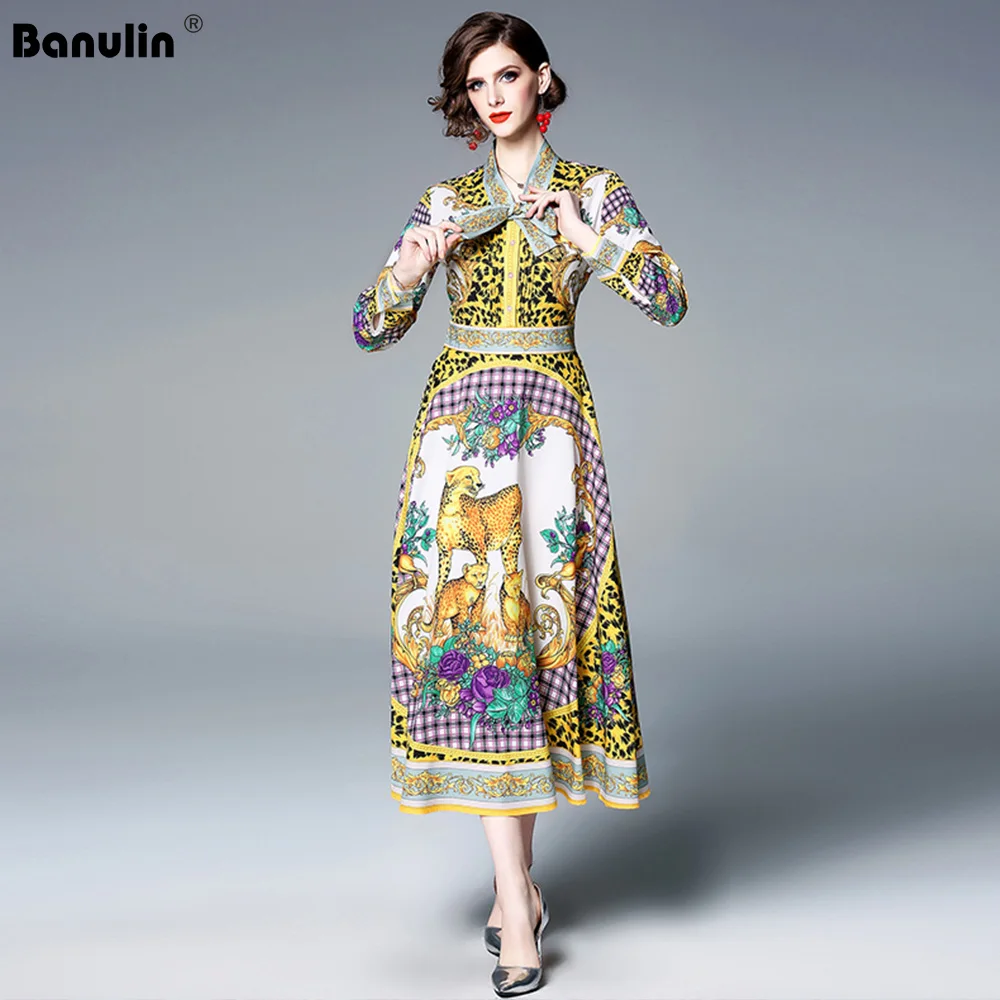 

Banulin Fashion Designer Runway Dress Spring Women Long sleeve Bow collar Animal Floral Print Casual Holiday Yellow Maxi Dress