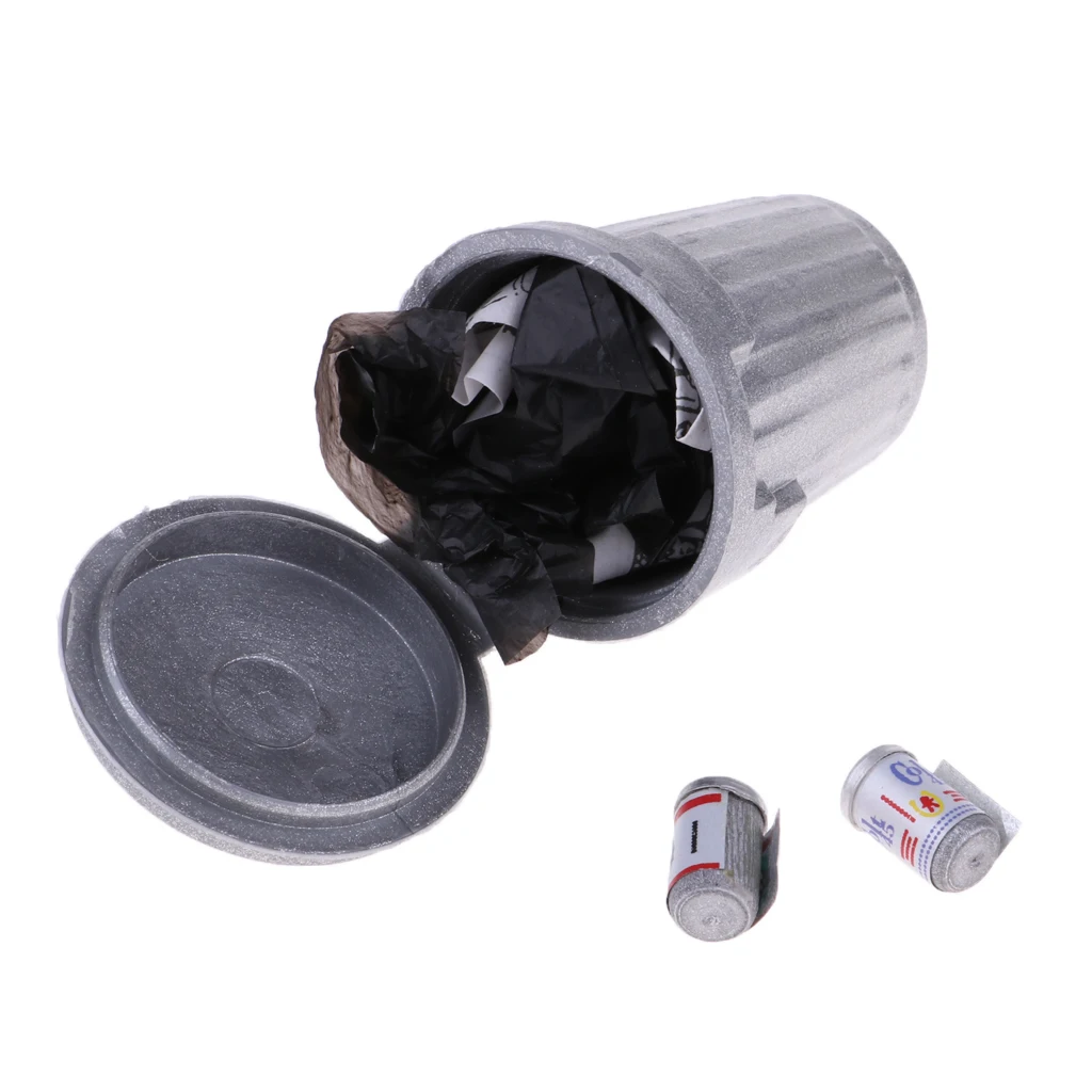 Miniatures Furniture Alloy Trash Can for 1:12 Dollhouse Scenes Accessories Silver