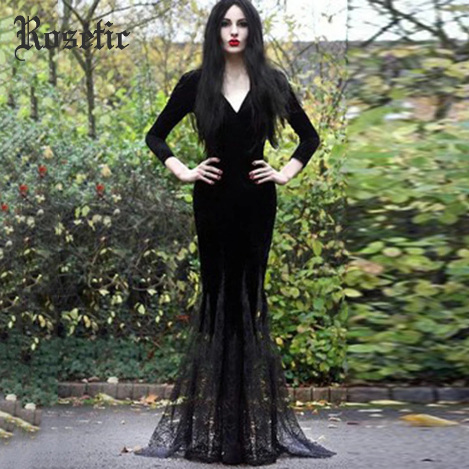 

Rosetic Harajuku Goth Long Autumn Maxi Dress Deep V-Neck Sexy Bodycon Party Dress Party Retro Mesh Plus Size Female Vestidos