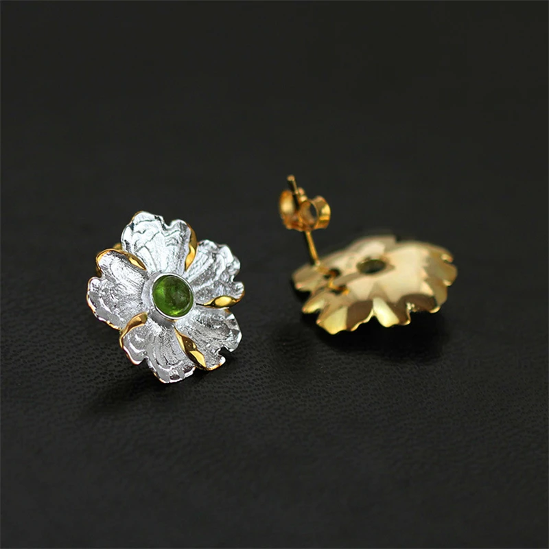 Lotus Fun Real 925 Sterling Silver Natural Stone Original Handmade Fine Jewelry Peony Flower Stud Earrings for Women Brincos