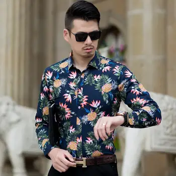 

Blouse Men Pineapple pattern Hawaiian Shirt Mens Clothing Slim fit Mens Dress Shirts Navy