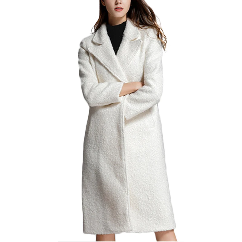 2018 Winter Lamb's White Wool Coat Turn-down Collar Office Lady Vintage Warm Winter Long Woolen Coat Coat Female Coats