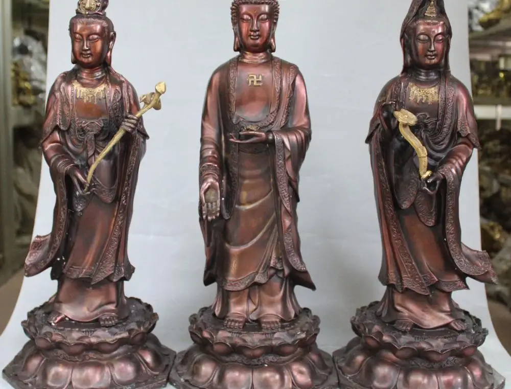 

19" Chinese Bronze Gilt Western 3 Gods Kwan-yin Shakyamuni Buddha Statue Set
