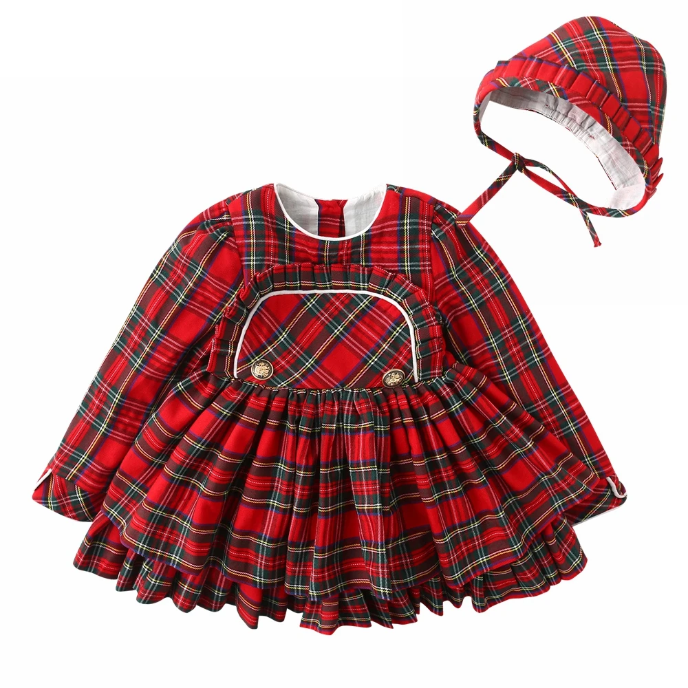 Dream Cradle,Spanish Baby Girls Outfit,Baby Vintage Tartan Dress,Baby Tartan Peplum Set with Bonnet,Baby Handmade Plaid Outfit (4)