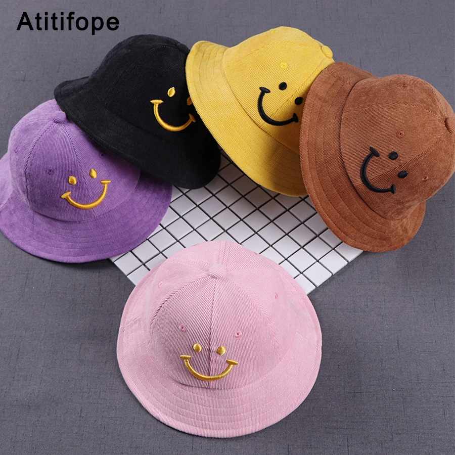

New Korean children's hat Embroidered smiley baby pot cap Corduroy baby fisherman hat Visor