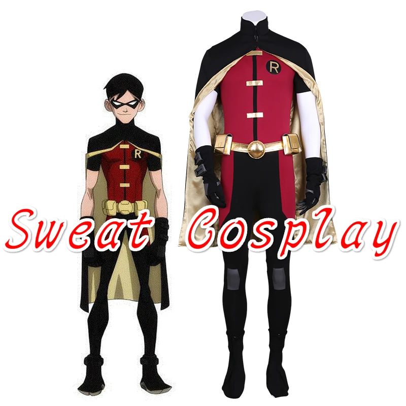 

High quality Adult Men Young Justice Robin Costume Uniform Black Cloak Jumpsuit Full Set Halloween Cosplay Costume