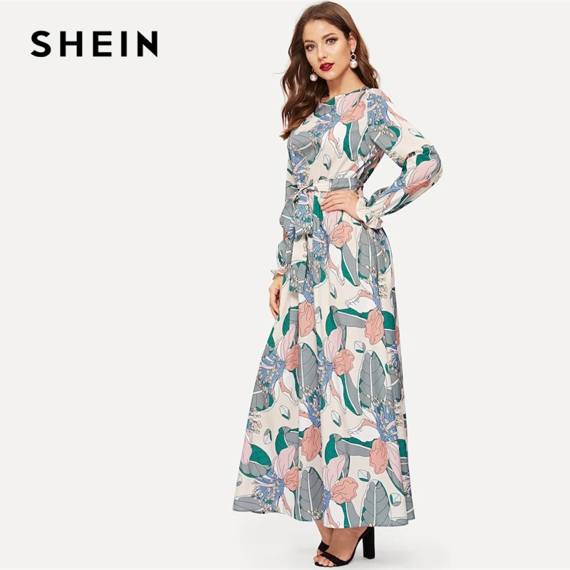 SHEIN Платье С Цветочным Принтом И Поясом Женское Весеннее Многоцветное Элегантное Платье С Длинными Рукавами