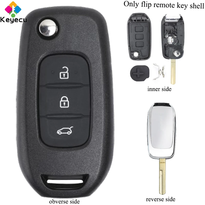 

KEYECU Replacement Flip/ Folding Remote Car Key Shell Case - 3 Buttons & Uncut Blade - FOB for Renault Kadjar Koleos 2017