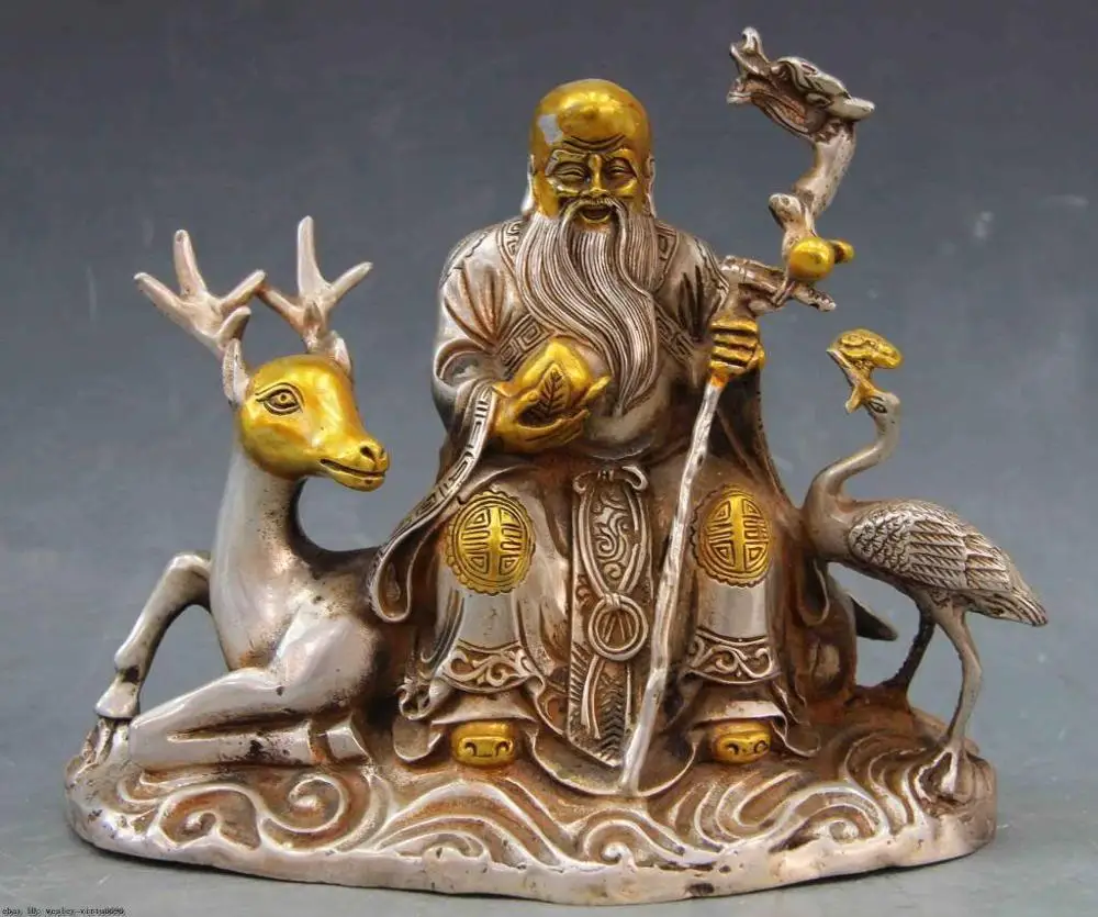 

9 Chinese Folk White Copper Silver Ride Deer Longevity Crane god Buddha Statue