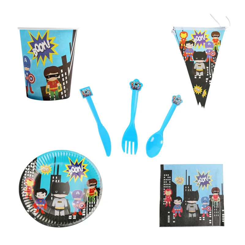 

The Avengers Birthday Party Decorations Kids Batman Super Hero Party Supplies Tableware Set Plates Banner Balloons Candy Boxes