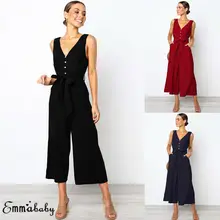 Womens Solid Jumpsuit Ladies Party Summer V Neck Romper Loose Wide Leg High Waist Long Jumpsuit Womens Solid Jumpsuit Ladies Party Summer V Neck Romper Loose Wide Leg High Waist Long Jumpsuit